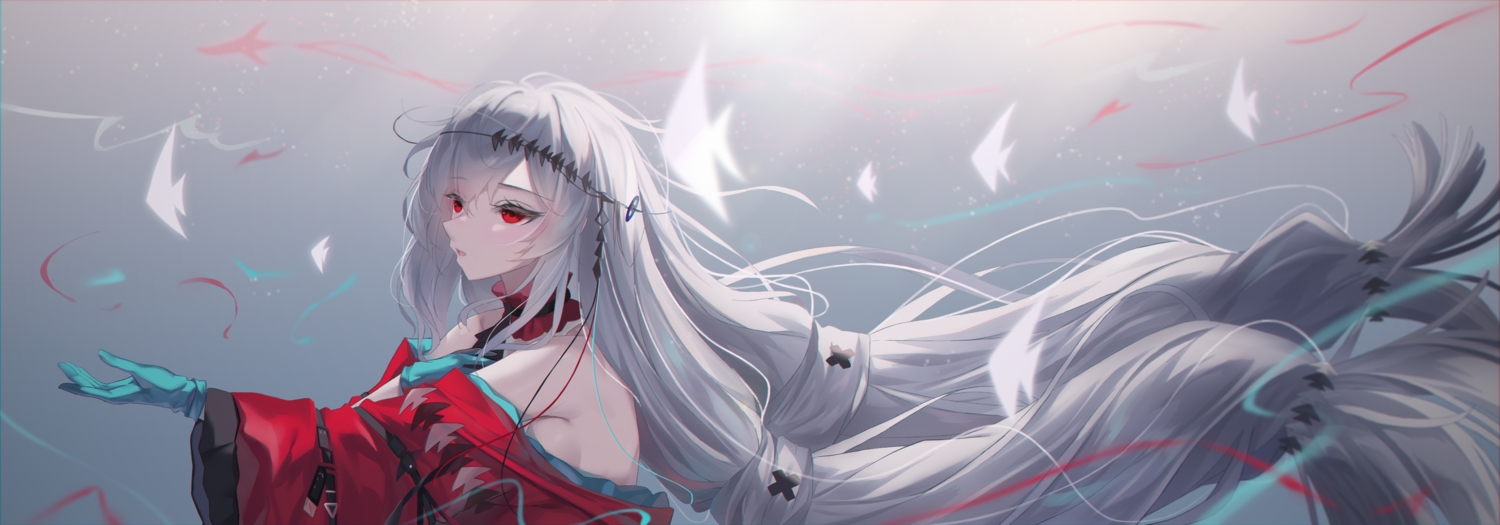 arknights, gloves, gradient, gray_hair, long_hair, red_eyes, shokuyou_koori, skadi_(arknights)