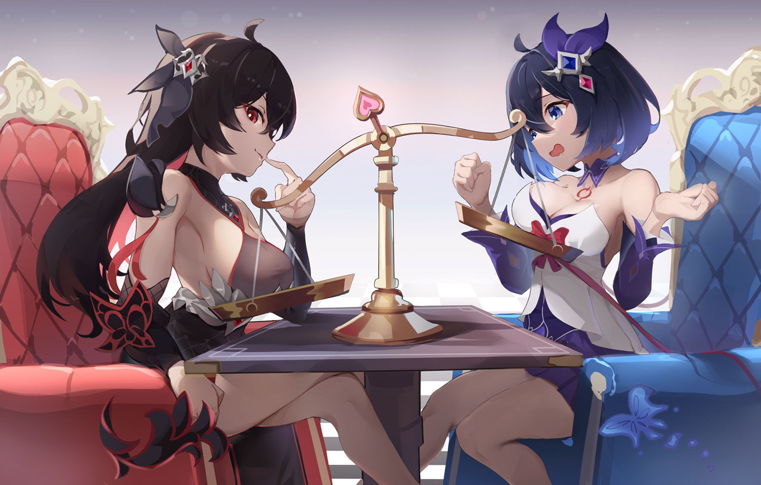 2girls, asc11, black_hair, dress, honkai_impact, honkai_(series), long_hair, red_eyes