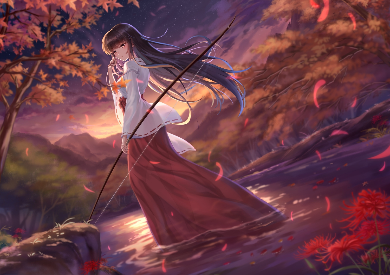autumn, black_hair, bow_(weapon), clouds, forest, inuyasha, japanese_clothes, kikyou_(inuyasha)