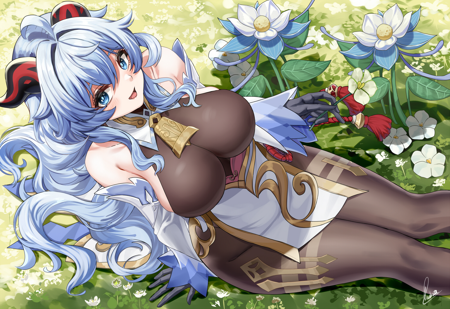 aqua_eyes, bell, blue_hair, blush, breasts, flowers, ganyu_(genshin_impact), genshin_impact