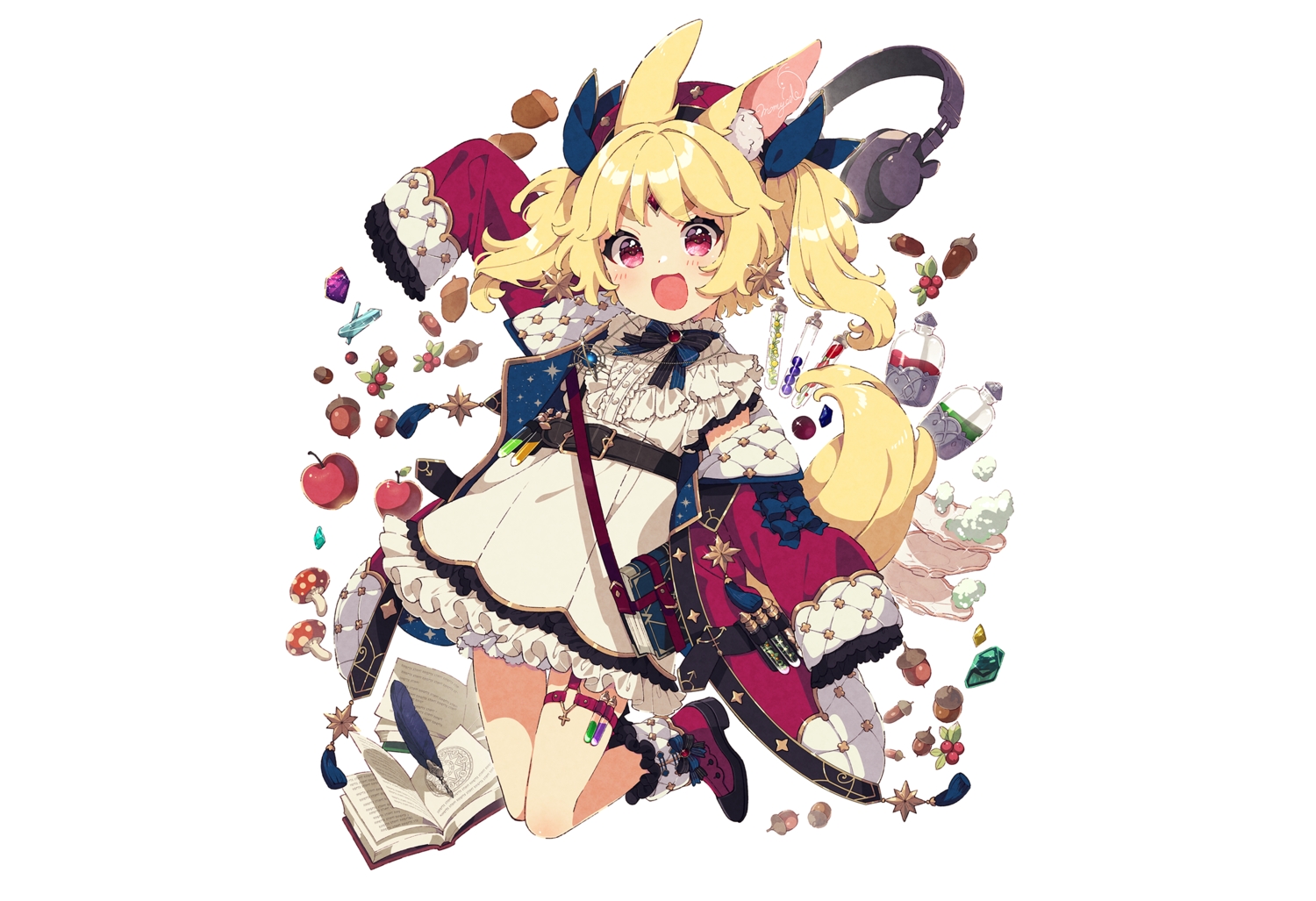 animal_ears, apple, blonde_hair, blush, book, boots, bow, bunny_ears