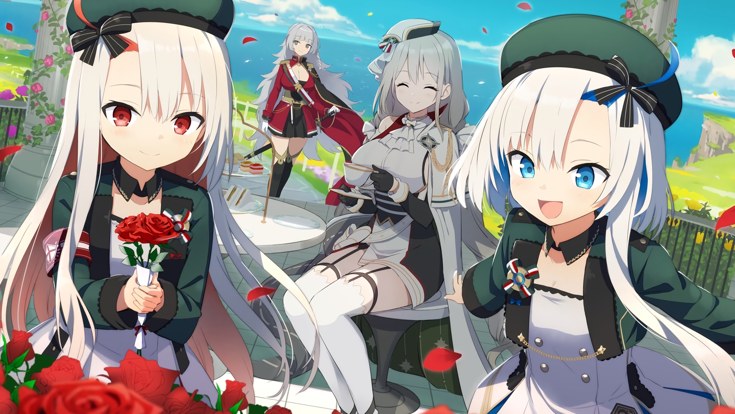 anthropomorphism, aquila_(azur_lane), azur_lane, blue_eyes, breasts, cape, cleavage, clouds, drink, flowers, food, gotyou, gray_eyes, gray_hair, group, hat, libeccio_(azur_lane), loli, long_hair, maestrale_(azur_lane), petals, red_eyes, sky, thighhighs, vittorio_veneto_(azur_lane), waifu2x, water