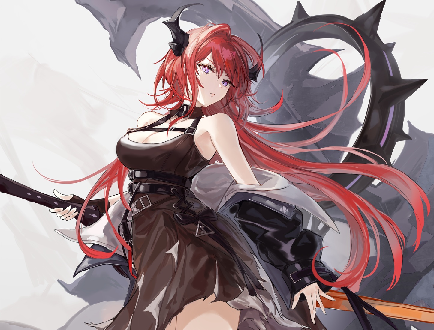 arknights, breasts, cleavage, cropped, horns, kachi, purple_eyes, red_hair, surtr_(arknights)