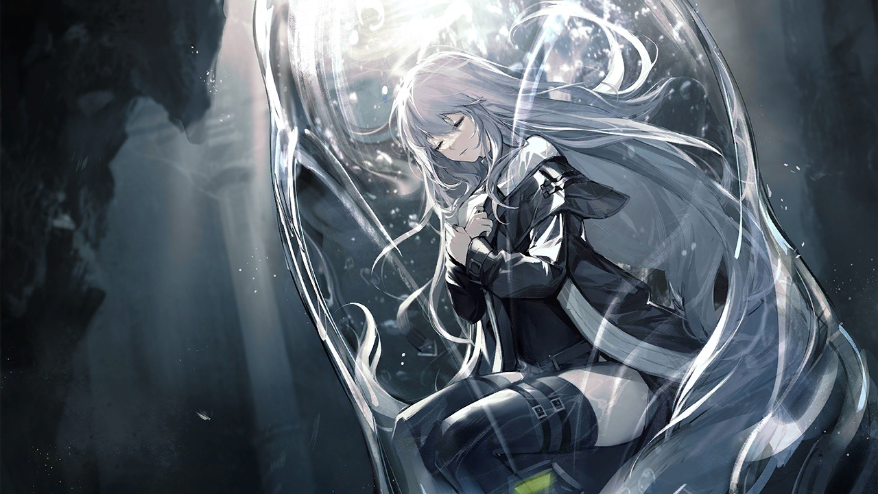 arknights, game_cg, gray_hair, long_hair, polychromatic, specter_(arknights), tagme_(artist), thighhighs