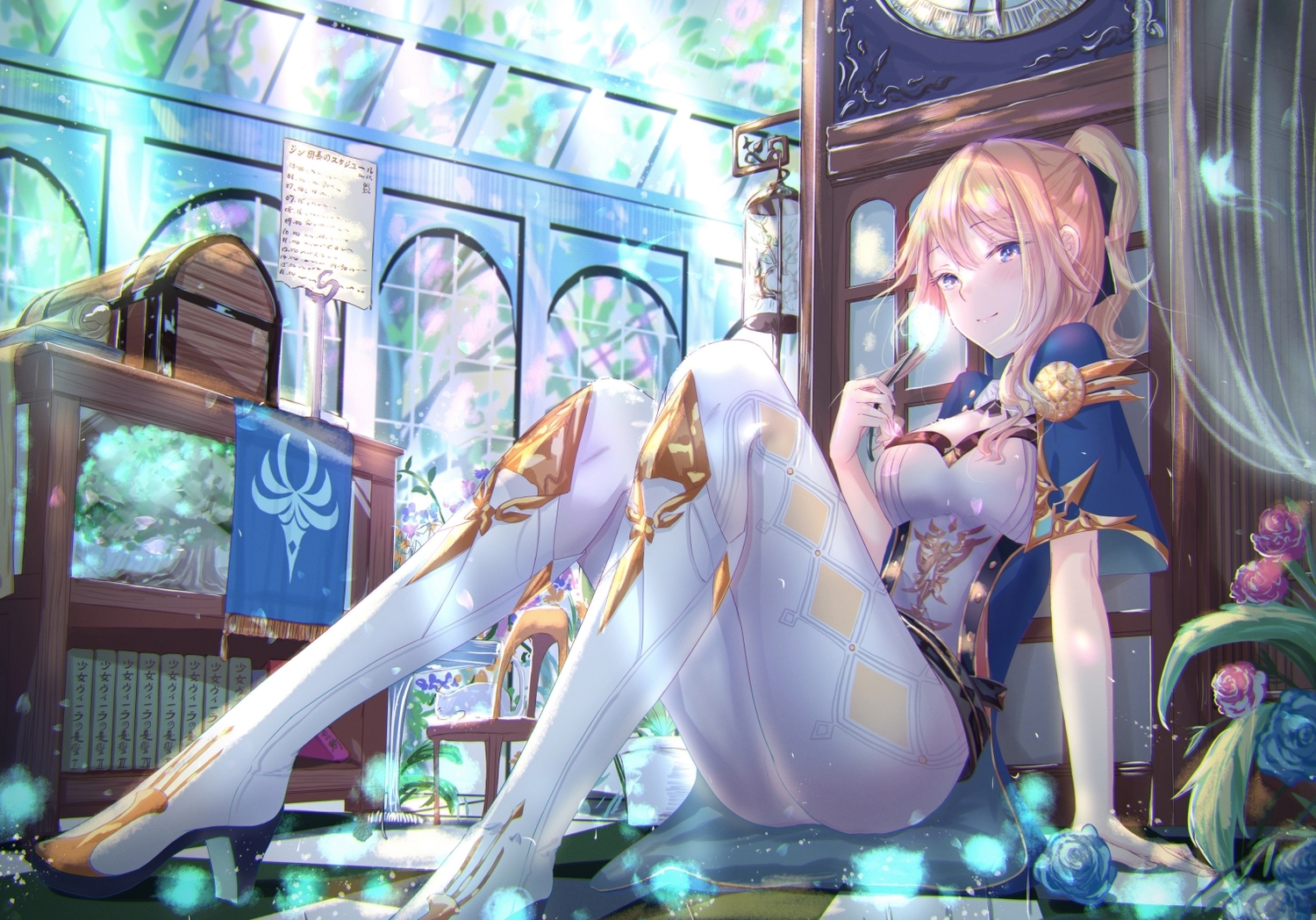 aliasing, blonde_hair, flowers, genshin_impact, jean_gunnhildr, long_hair, ponytail, rose, sanka_tan