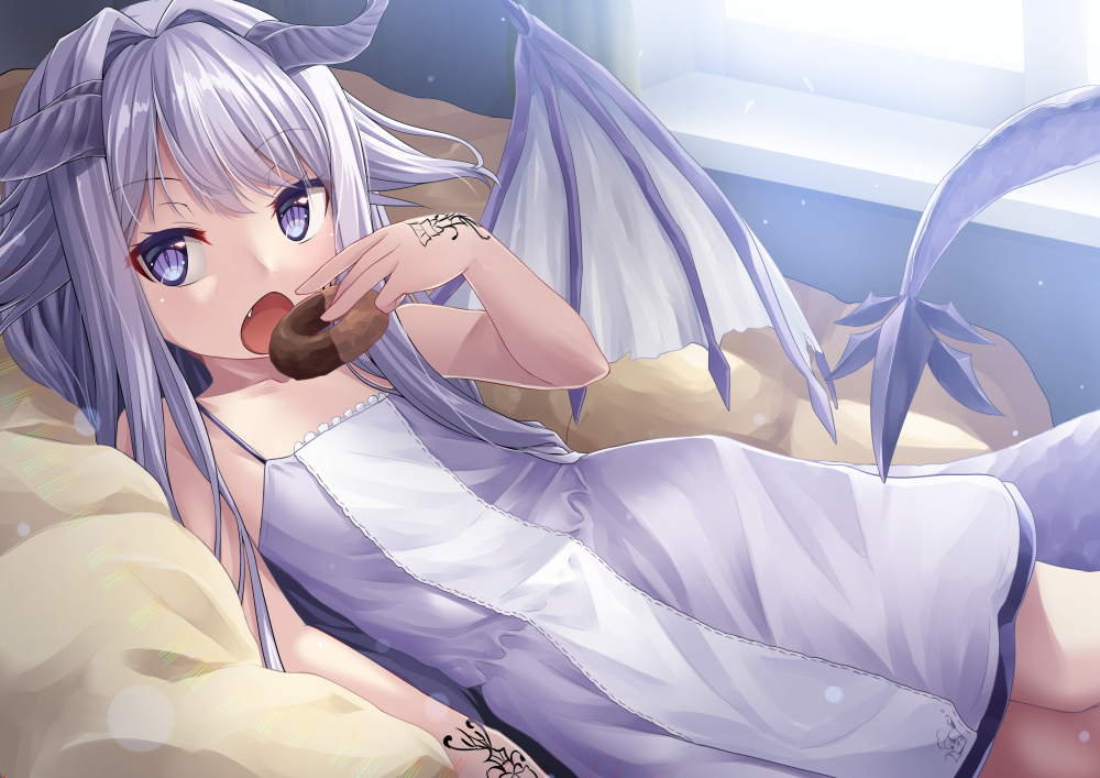 aliasing, demon, dress, fang, food, gray_hair, horns, leficios, loli, long_hair, maou_ni_natta_node_dungeon_tsukutte_jingai_musume_to_honobono_suru, tail, tattoo, umarutsufuri, wings