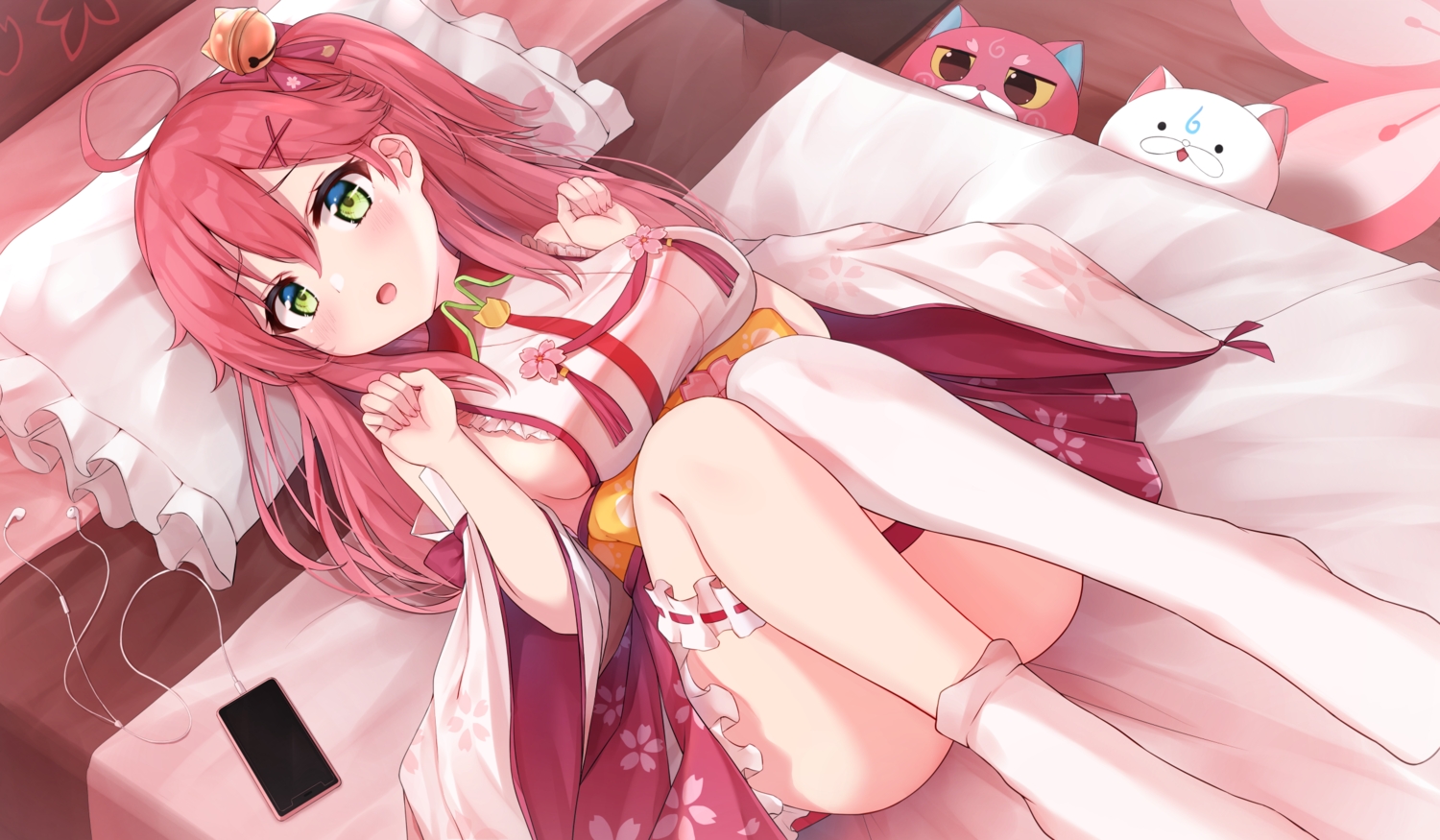 bed, bell, blush, breasts, headphones, hololive, japanese_clothes, long_hair, phone, sakura_miko, shishou_(doragyurosu), sideboob