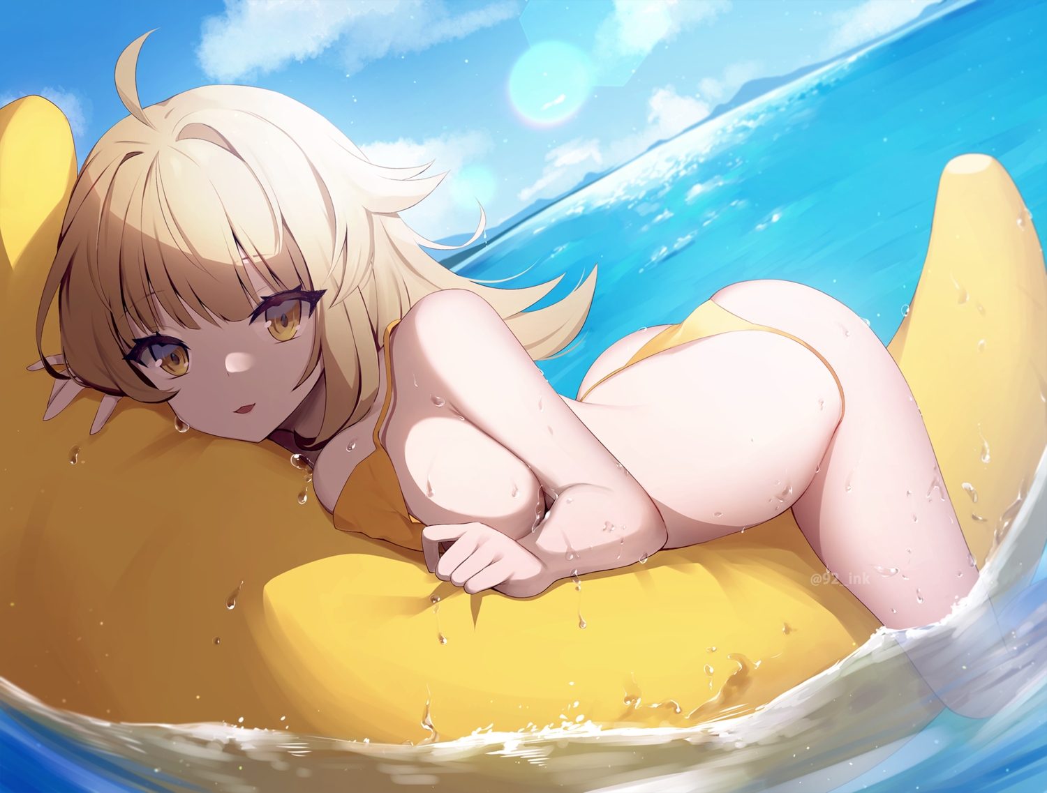 ankkoyom, ass, bikini, blonde_hair, breasts, cat_smile, clouds, long_hair, original, sky, swimsuit, water, wet, yellow_eyes
