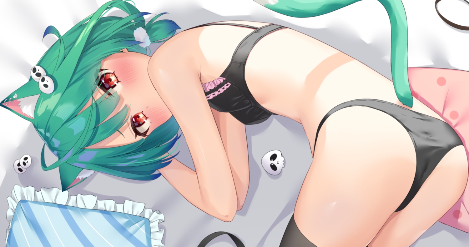 animal_ears, ass, blush, bra, catgirl, green_hair, hololive, k_mugura, panties, red_eyes, tail, underwear, uruha_rushia