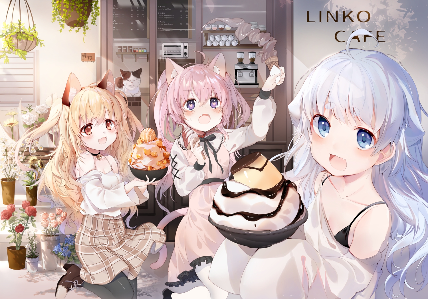 amafuyu, animal, animal_ears, bell, blonde_hair, blue_eyes, blue_hair, blush
