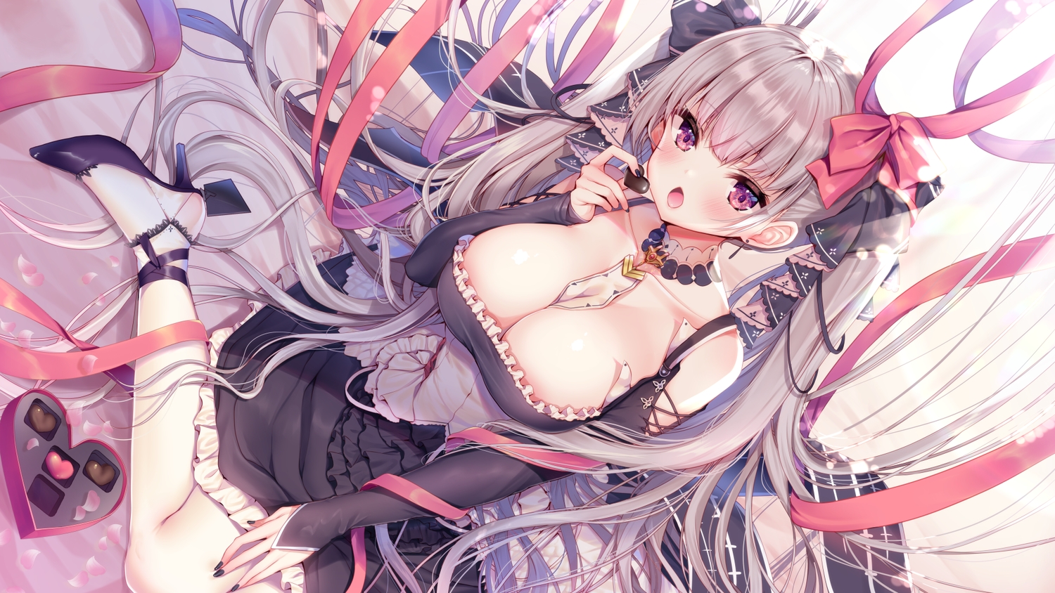 anthropomorphism, ayuma_sayu, azur_lane, bow, breasts, candy, chocolate, cleavage, food, formidable_(azur_lane), goth-loli, gray_hair, lolita_fashion, long_hair, no_bra, purple_eyes, ribbons, third-party_edit, twintails