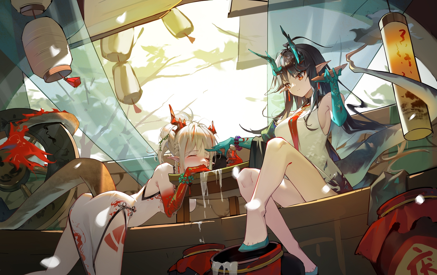 2girls, arknights, ass, chinese_clothes, chinese_dress, dress, drink, dusk_(arknights), horns, long_hair, moon_(1634142372), nian_(arknights), pointed_ears, ponytail, sake, tail, white_hair