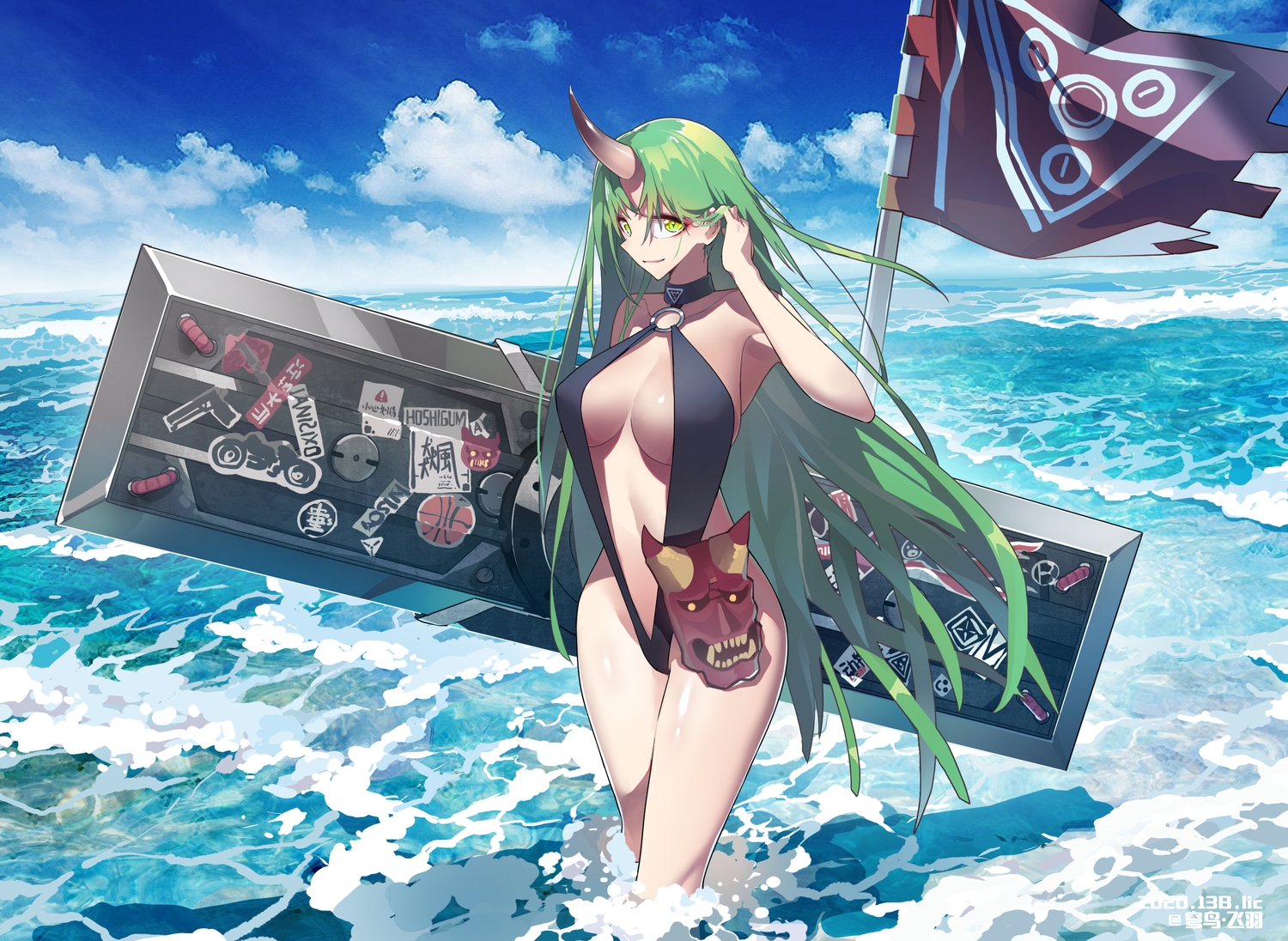 arknights, breasts, clouds, cropped, green_eyes, green_hair, horns, hoshiguma_(arknights)