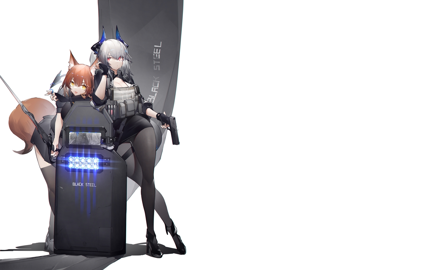 animal_ears, arknights, franka_(arknights), gun, horns, liskam_(arknights), sword, tail