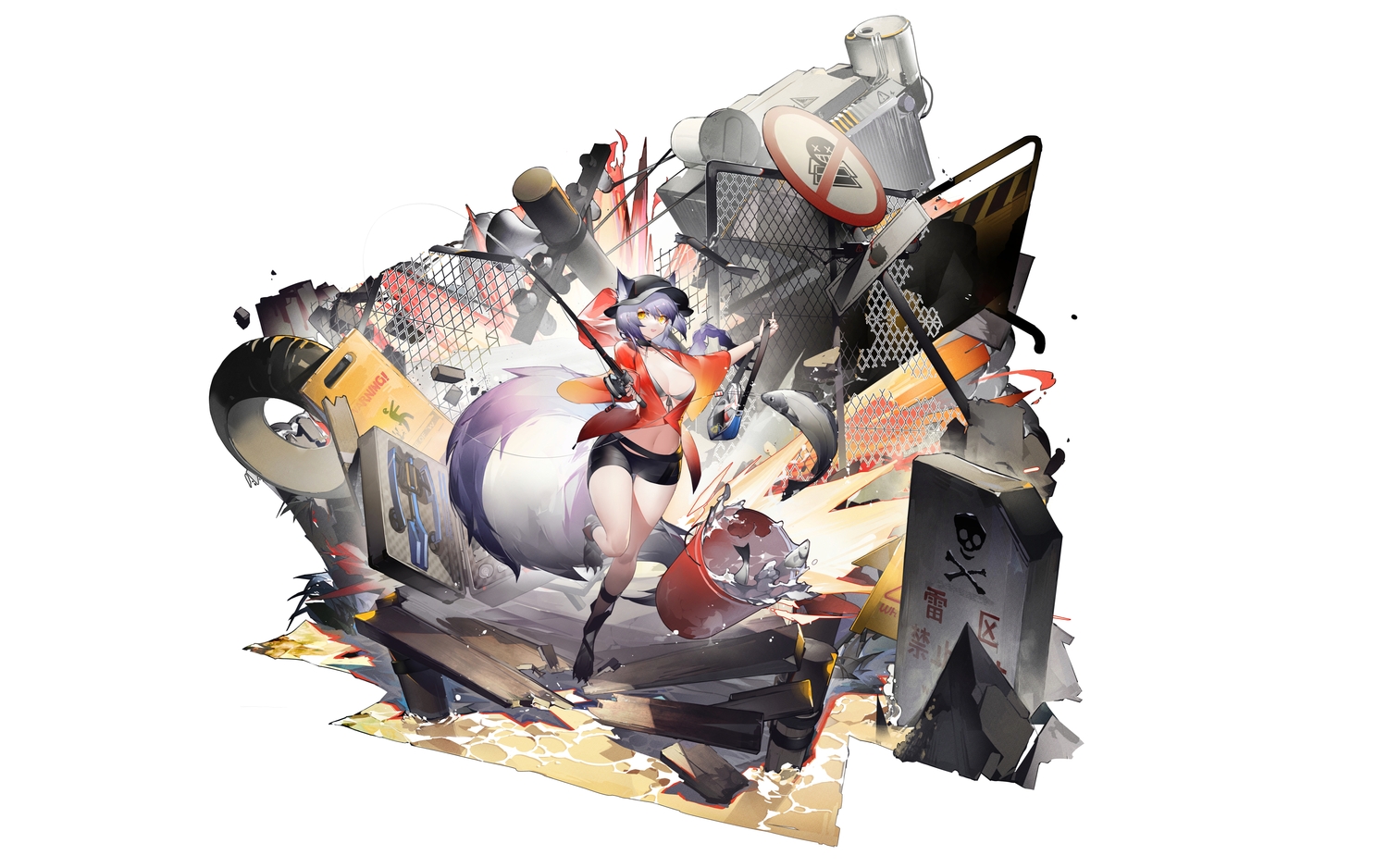 animal, animal_ears, arknights, breasts, cleavage, fish, provence_(arknights), purple_hair
