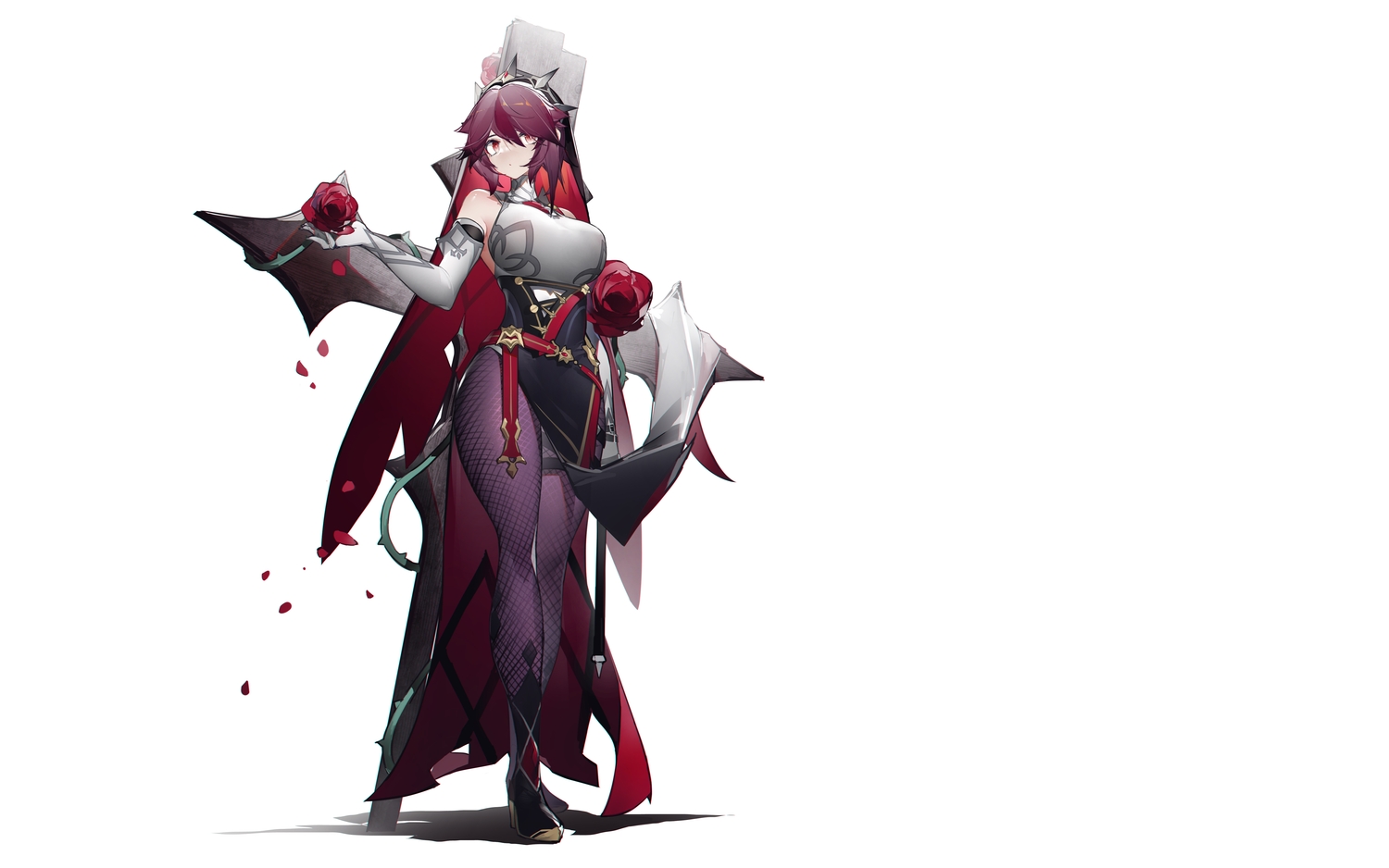 genshin_impact, headdress, nun, red_eyes, red_hair, rosaria_(genshin_impact), third-party_edit, white, yushi_ketsalkoatl