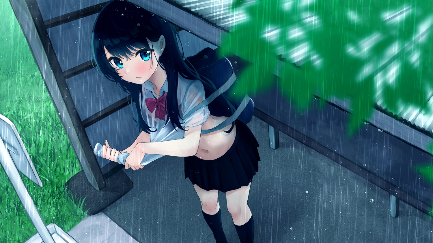 blue_eyes, blue_hair, haru_(re_ilust), kneehighs, original, rain, school_uniform, see_through, skirt, water