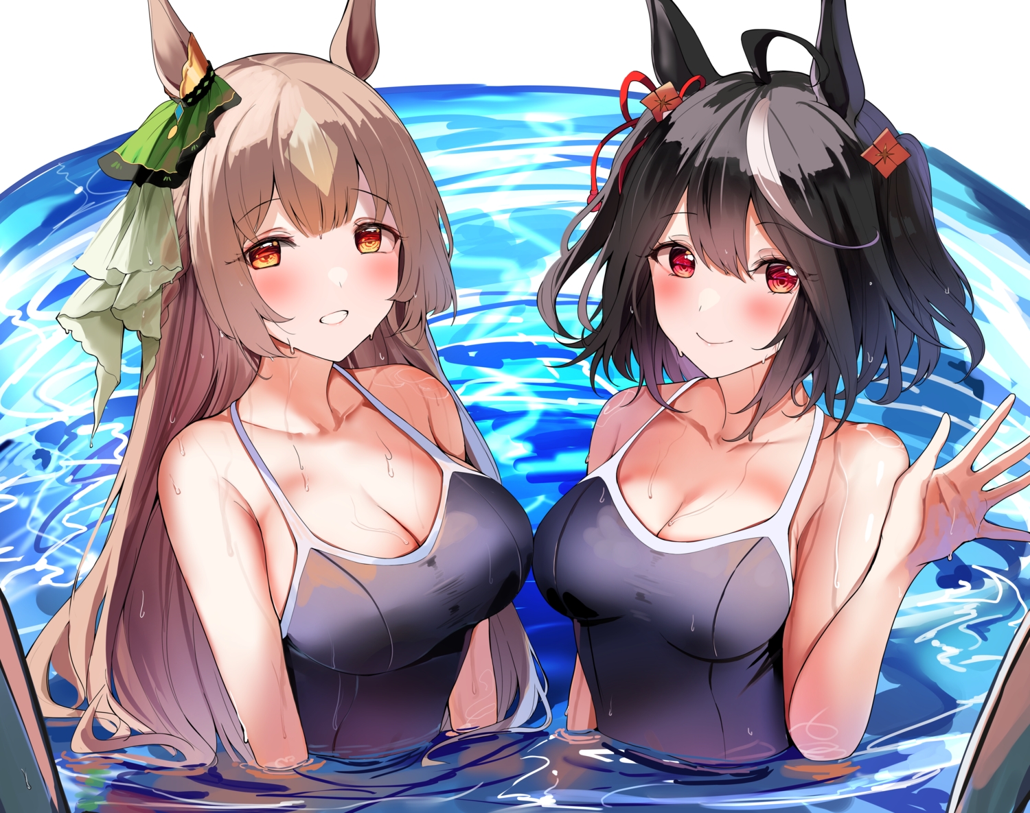 2girls, animal_ears, anthropomorphism, black_hair, breasts, brown_hair, cleavage, kitasan_black_(umamusume)