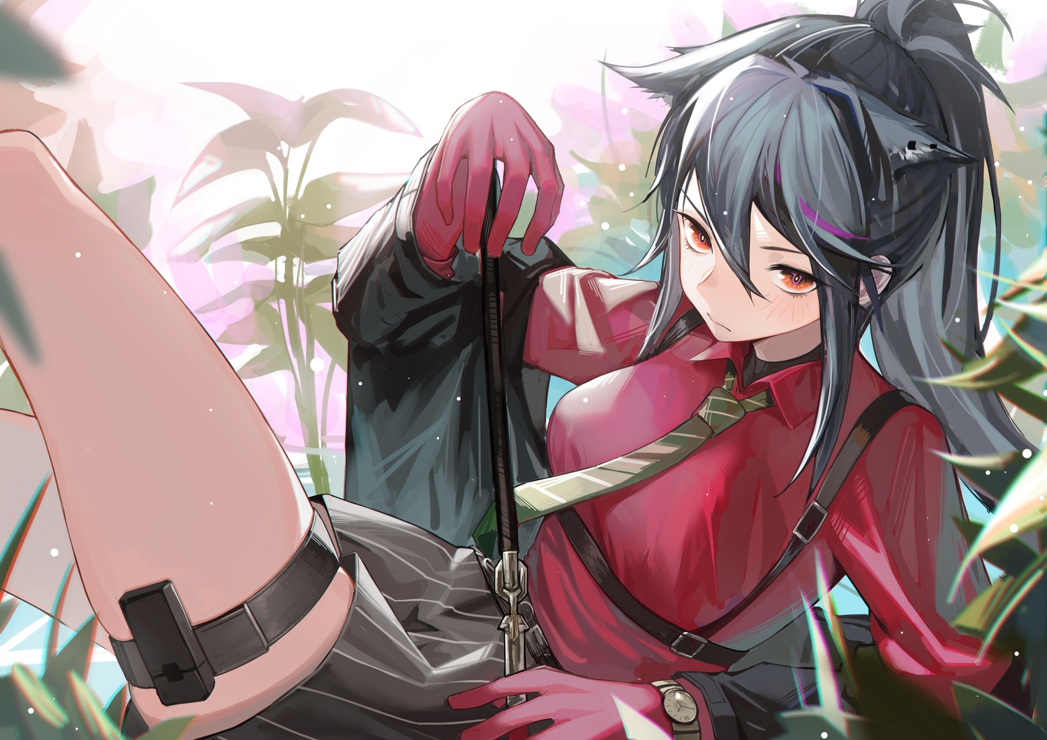 animal_ears, arknights, garter, gloves, gray_hair, krin, long_hair, ponytail