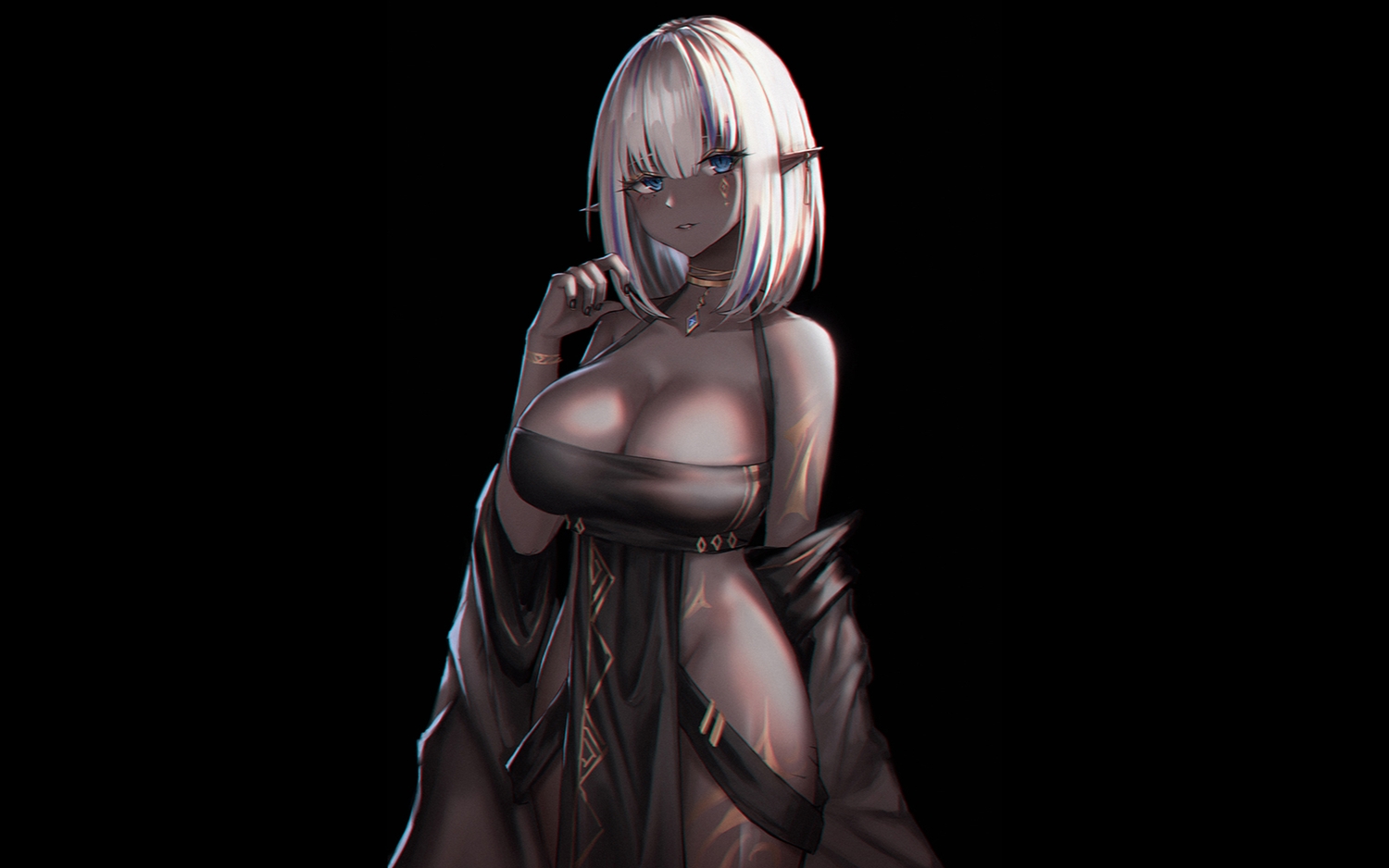 black, blue_hair, breasts, cleavage, dark_skin, original, pointed_ears, short_hair