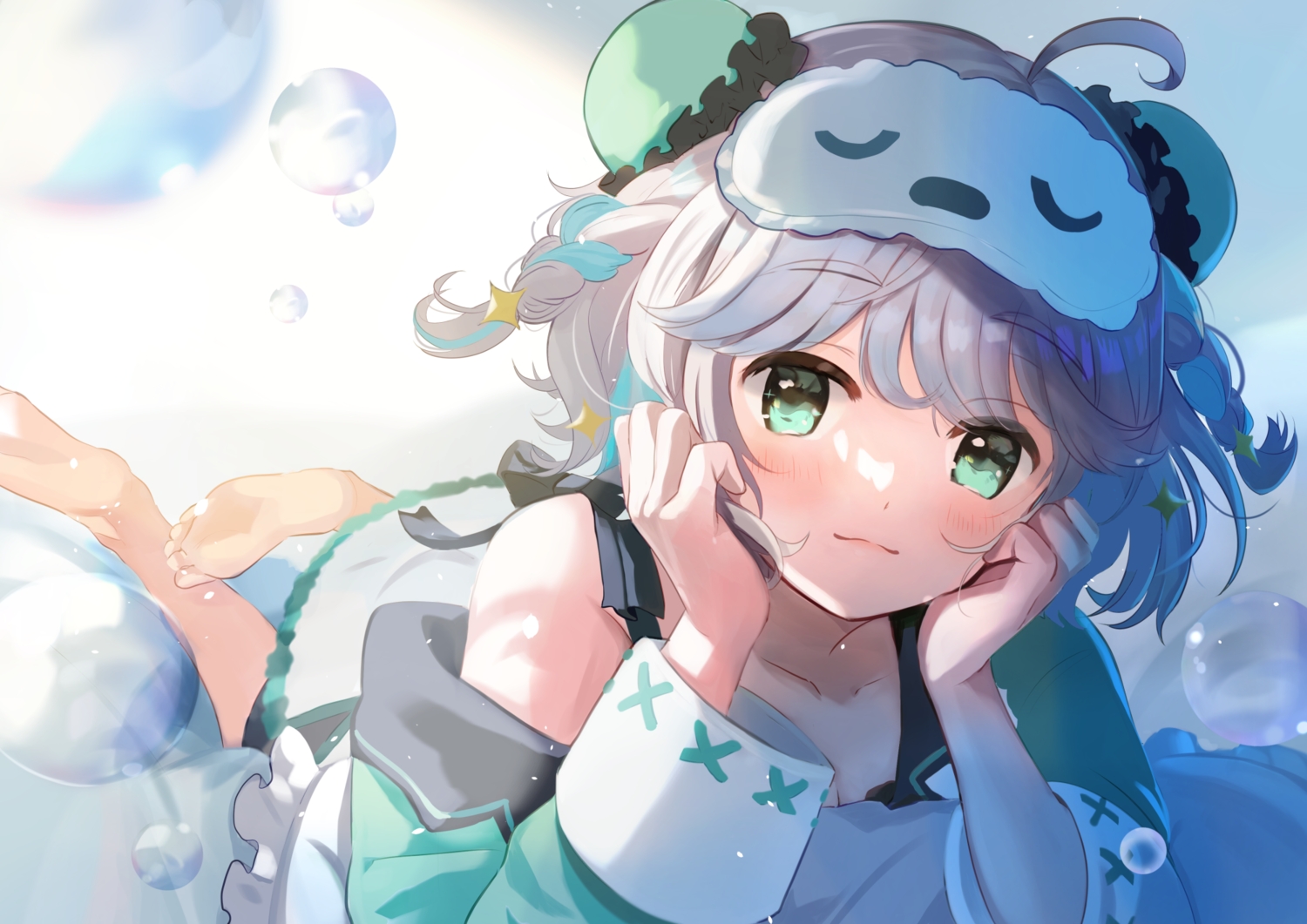 barefoot, blush, braids, dress, gray_hair, nemumi_suu, tasuku_(otomebotan)