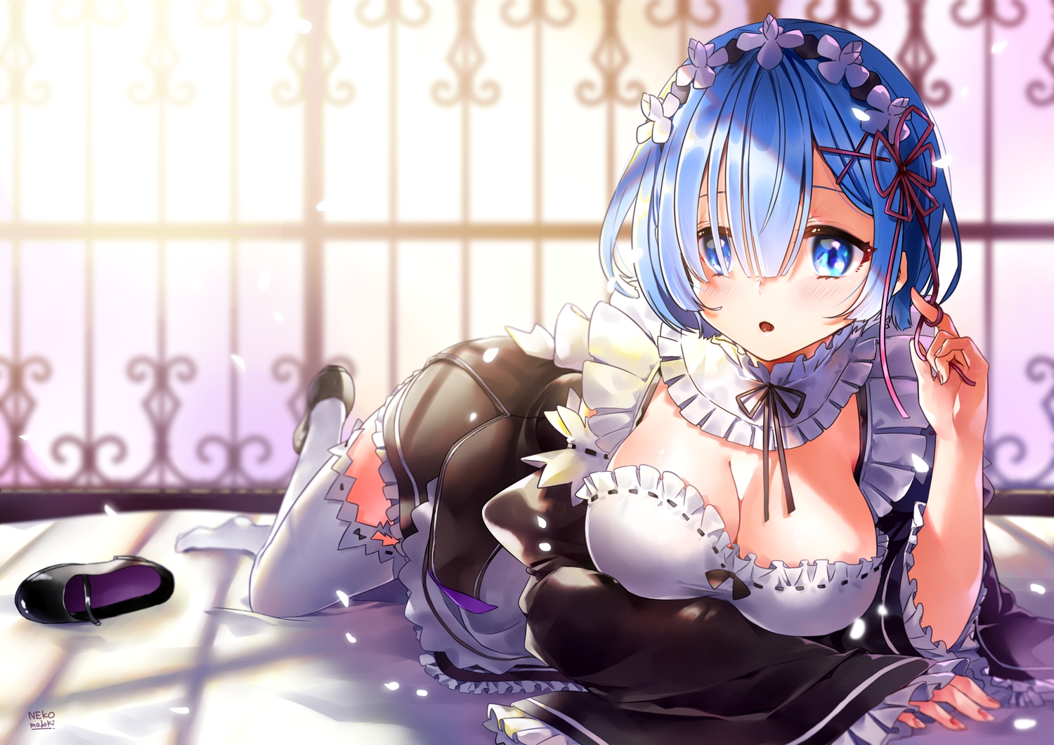 aqua_eyes, blue_hair, breast_hold, breasts, cleavage, headband, lili_mdoki, maid, rem_(re:zero), re:zero_kara_hajimeru_isekai_seikatsu, short_hair, signed, thighhighs
