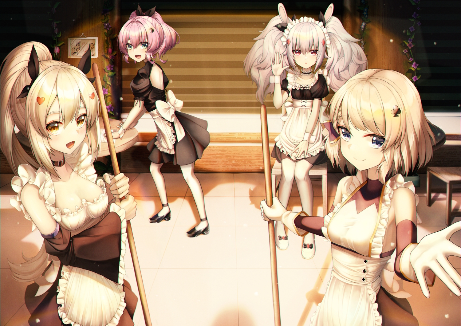 animal_ears, anthropomorphism, ayanami_(azur_lane), azur_lane, breasts, bunny_ears, bunnygirl, cleavage, collar, group, javelin_(azur_lane), laffey_(azur_lane), long_hair, maid, short_hair, sora_(men0105), z23_(azur_lane)