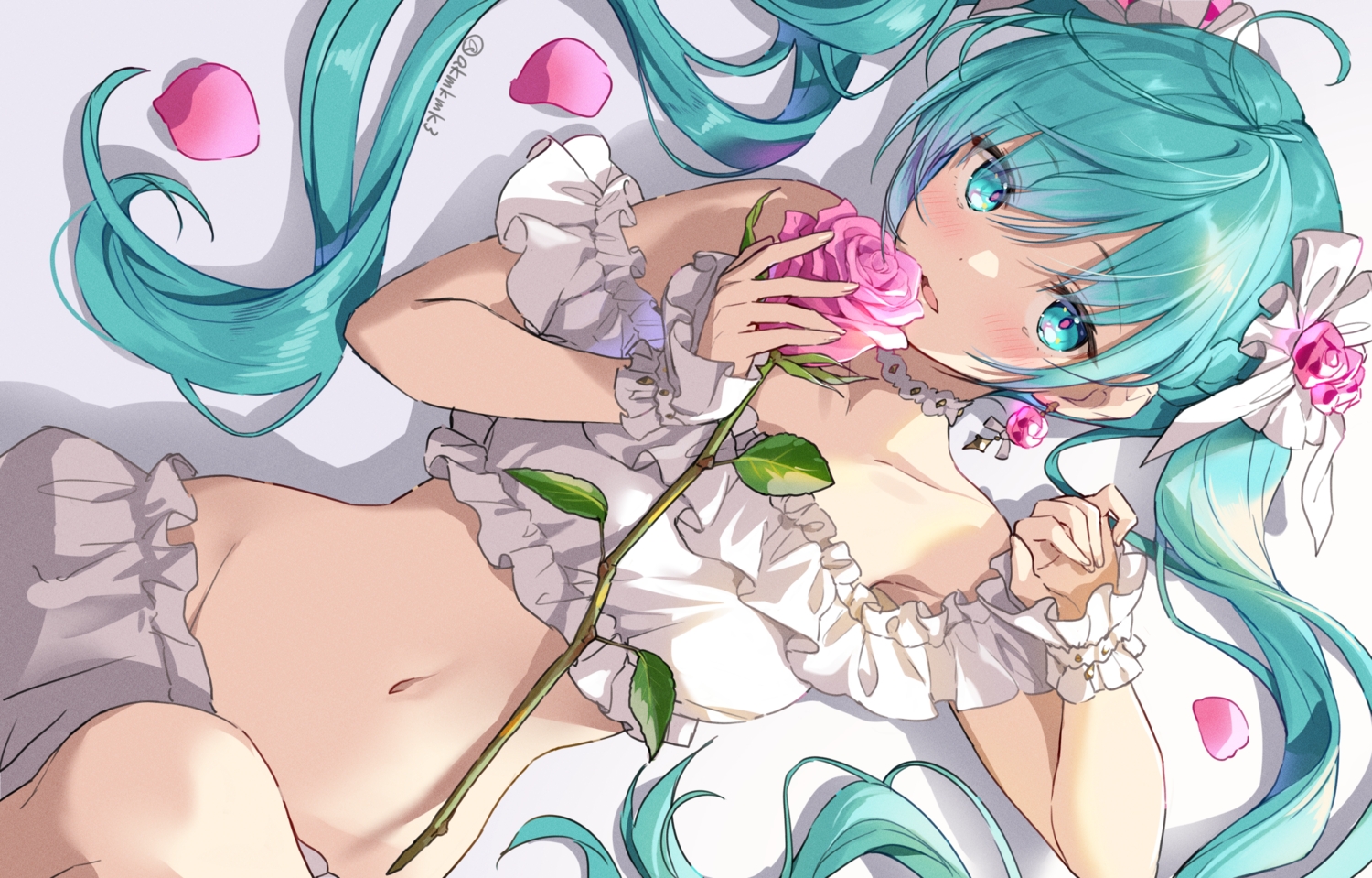 akamoku, aqua_eyes, aqua_hair, bloomers, flowers, hatsune_miku, long_hair, navel