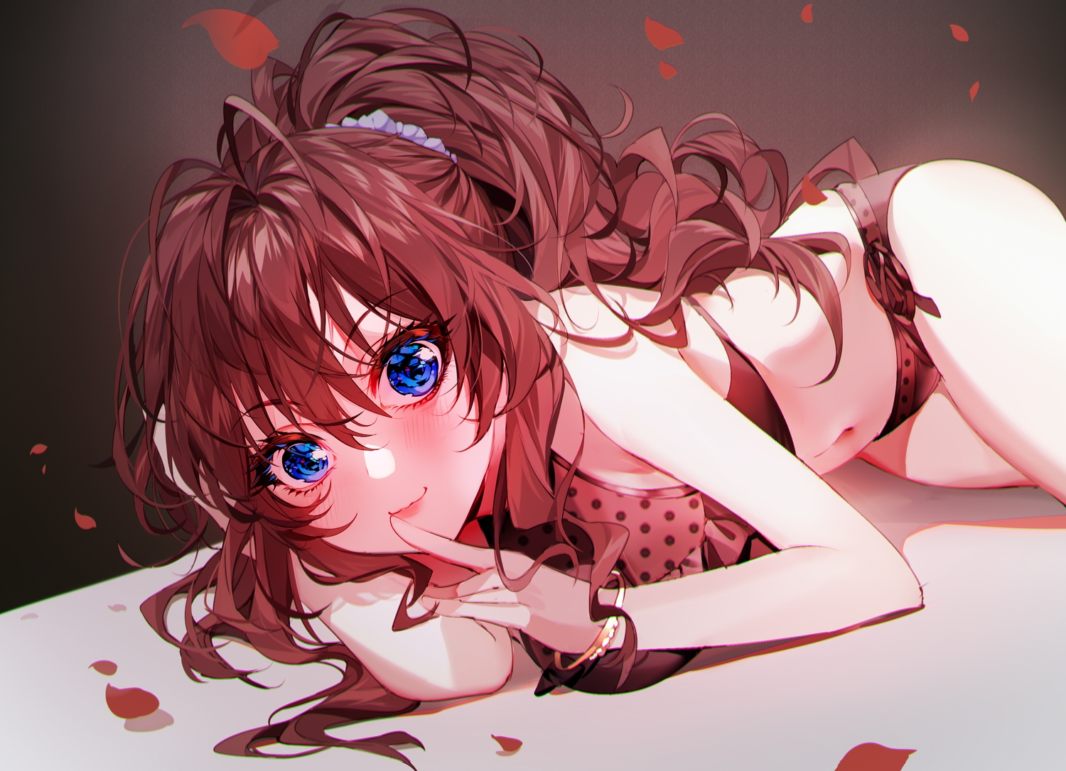 baocaizi, blue_eyes, blush, brown_hair, cat_smile, ichinose_shiki, idolmaster, idolmaster_cinderella_girls, long_hair, navel, ponytail