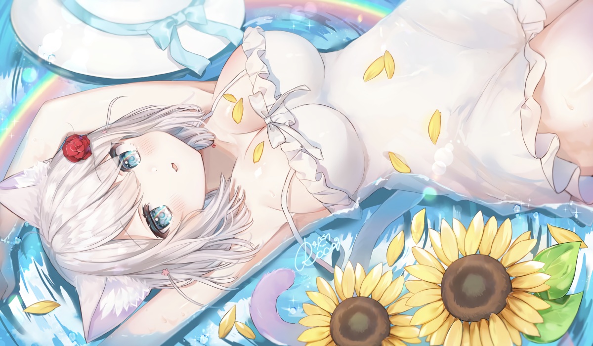 animal_ears, breasts, catgirl, cat_smile, cleavage, dress, fang, flowers, gray_hair, original, petals, rainbow, rucaco, signed, sunflower, tail, water