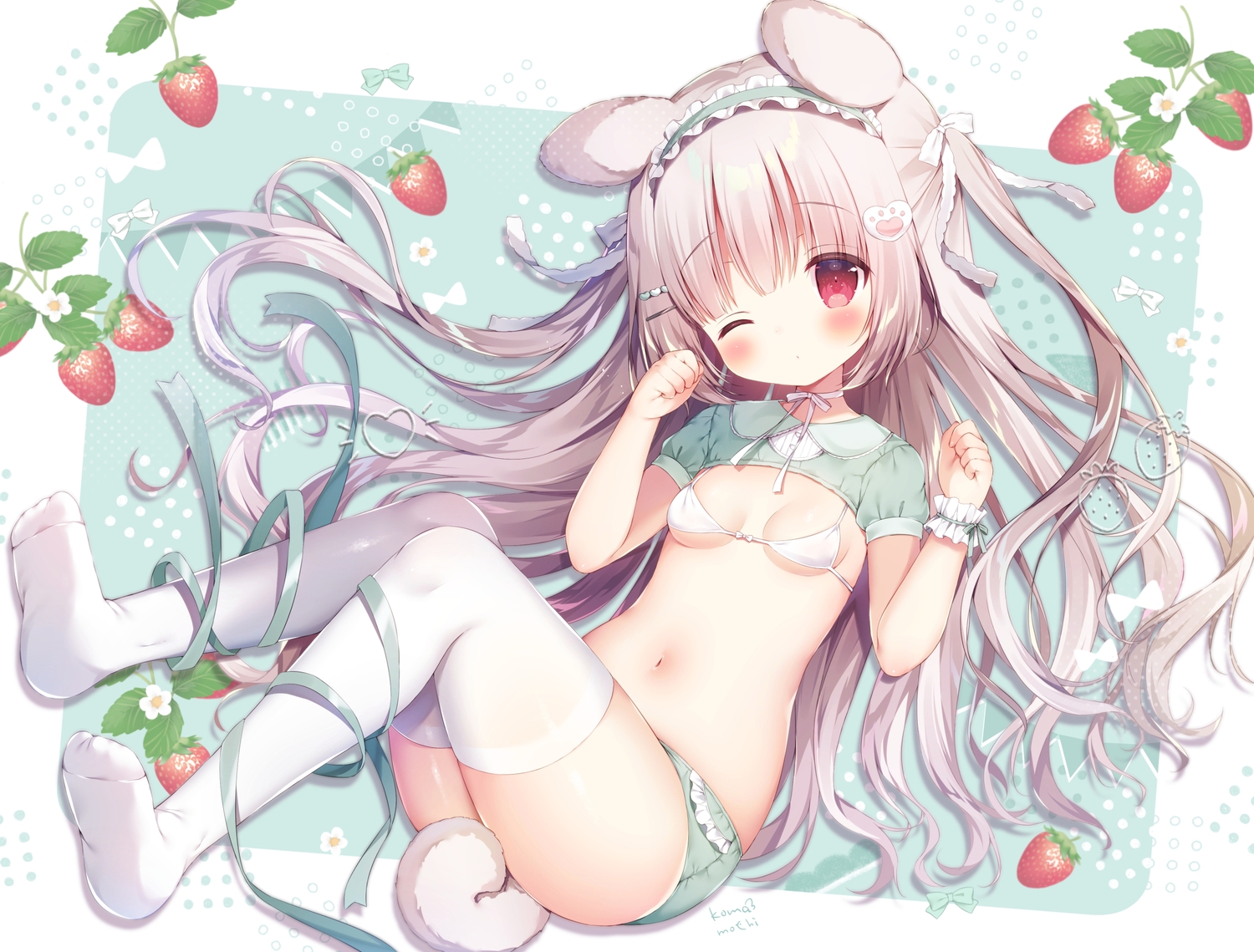 animal_ears, bikini_top, brown_hair, doggirl, food, fruit, headband, koma_momozu, loli, long_hair, navel, original, red_eyes, strawberry, tail, thighhighs, wink