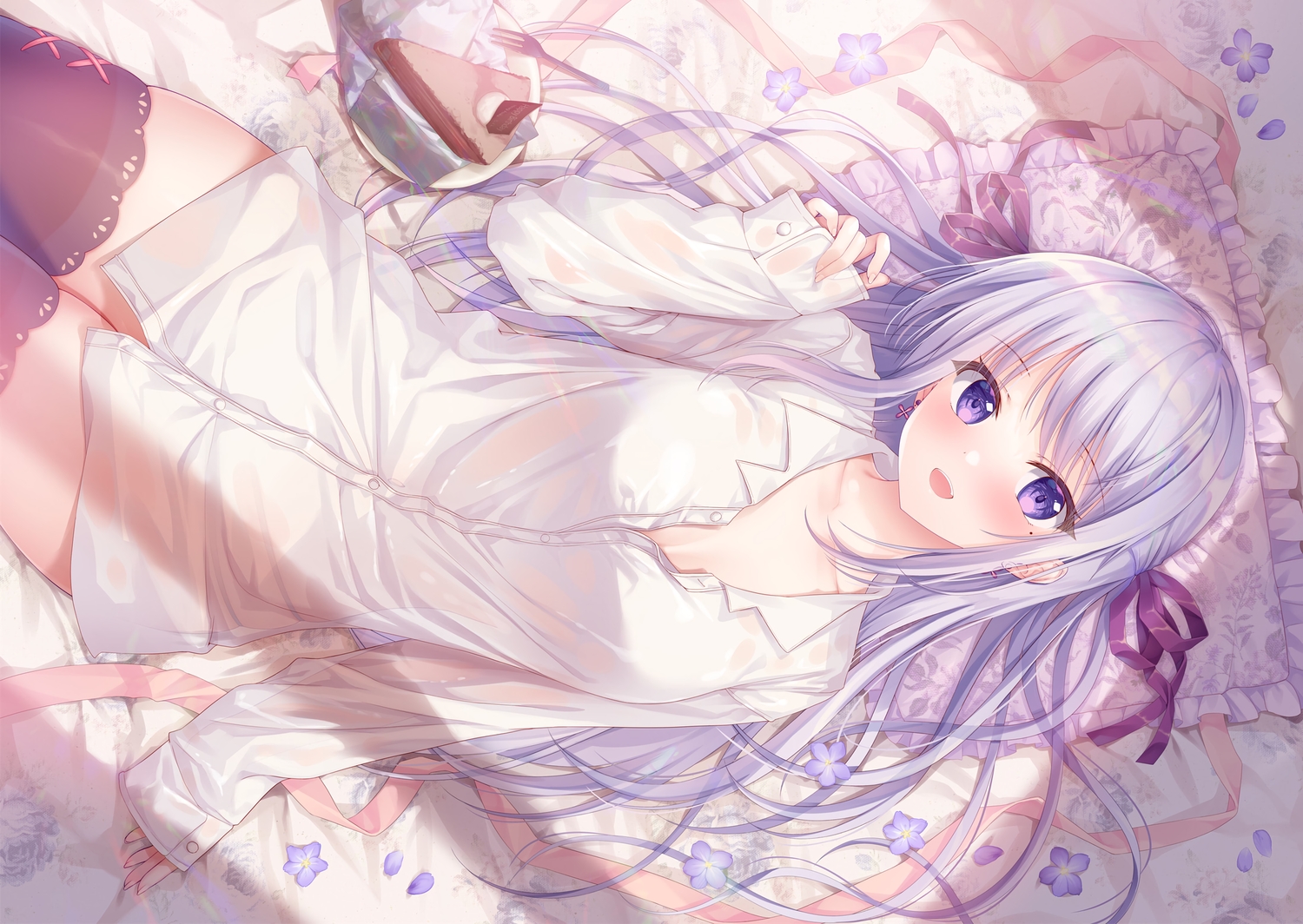 bed, blush, cake, flowers, food, hiiragi_asuka, long_hair, original, purple_eyes, purple_hair, ribbons, shirt, sousouman, thighhighs, zettai_ryouiki
