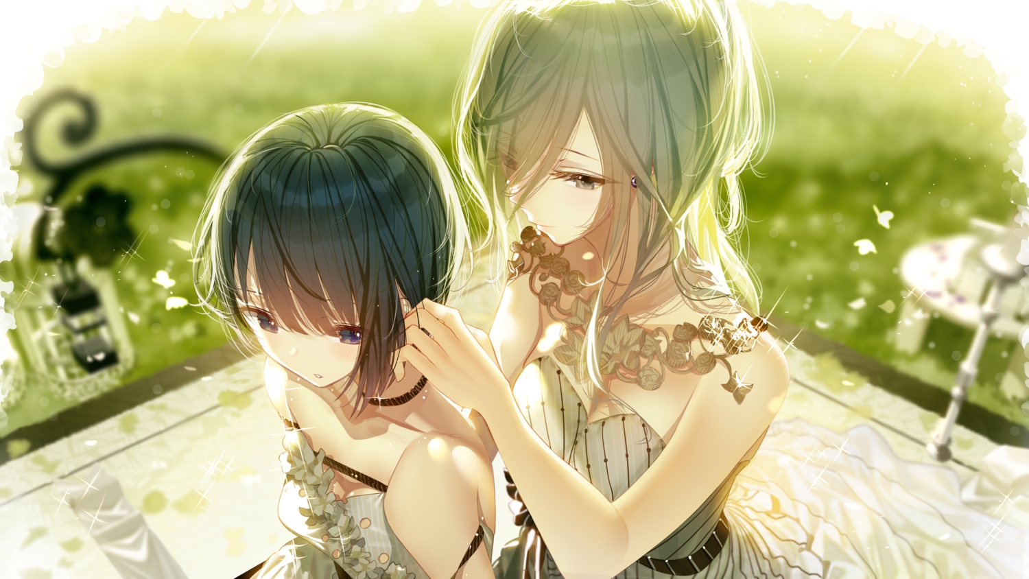 2girls, atha, black_hair, dress, gray_eyes, gray_hair, green, hinomori_shizuku, kiritani_haruka, long_hair, project_sekai, short_hair