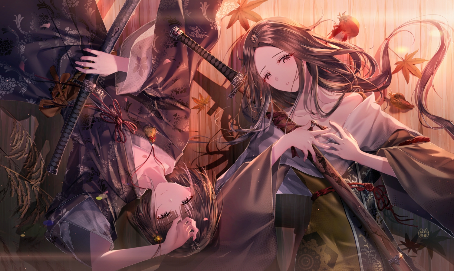 autumn, black_hair, brown_hair, divine_child_of_rejuvenation, junpaku_karen, katana, kuro_the_divine_heir, leaves, long_hair, male, sekiro:_shadows_die_twice, sword, weapon