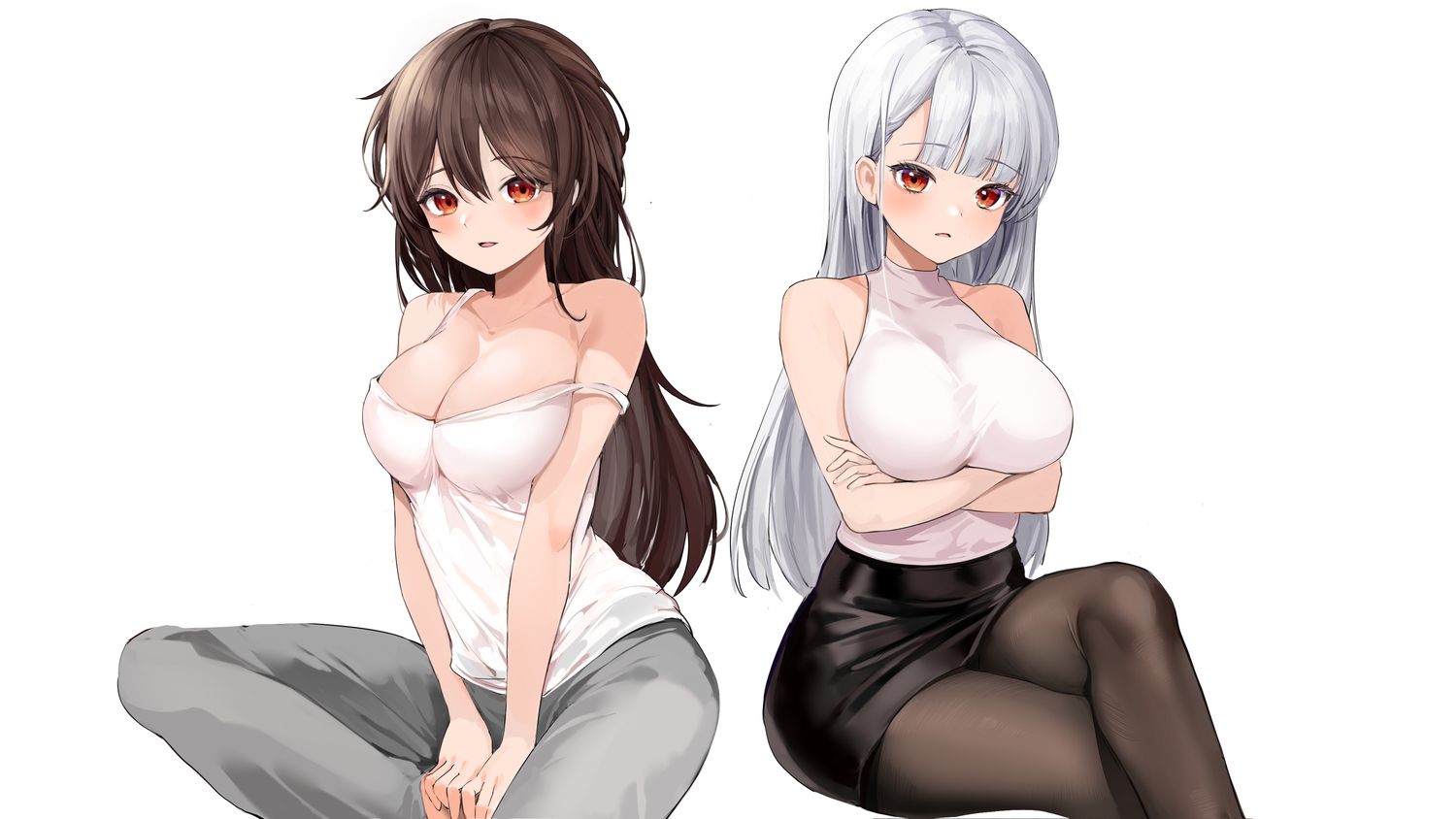 2girls, breast_hold, breasts, brown_hair, cleavage, gray_hair, lillly, long_hair