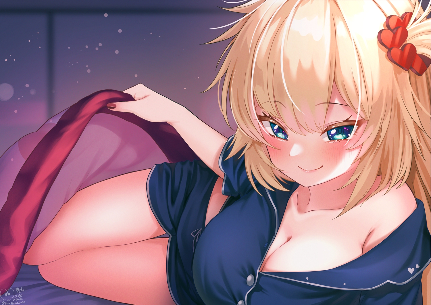 akai_haato, bed, blonde_hair, blush, breasts, cleavage, close, green_eyes
