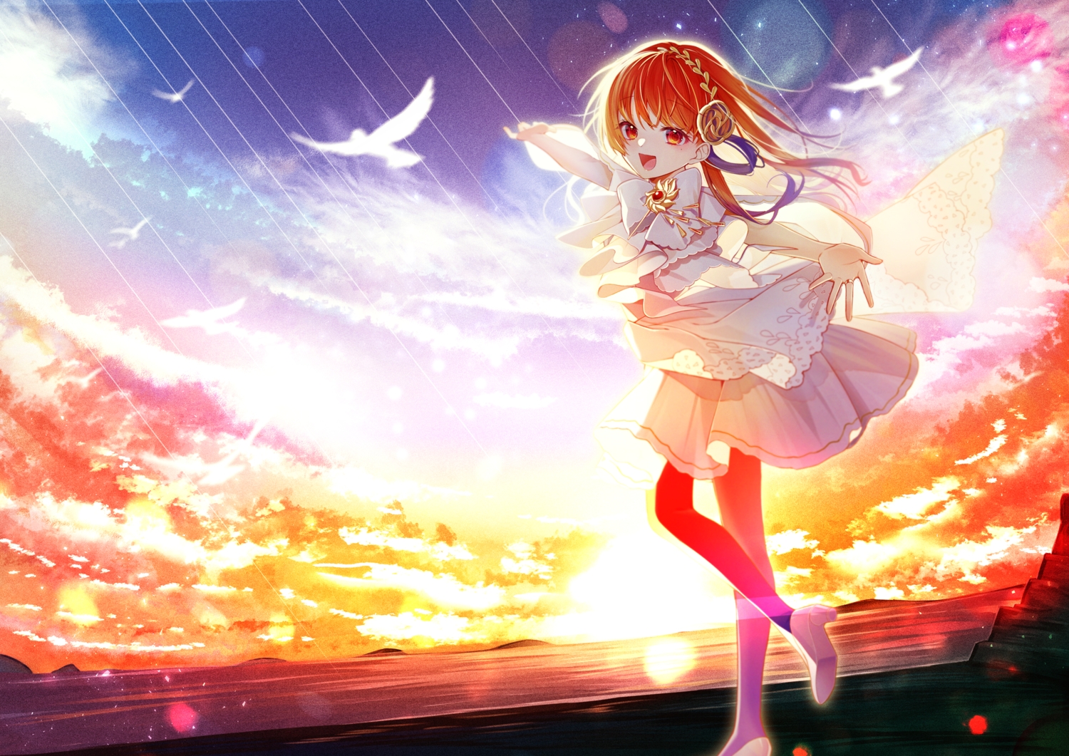animal, bird, bow, chano_hinano, clouds, orange_eyes, orange_hair, original