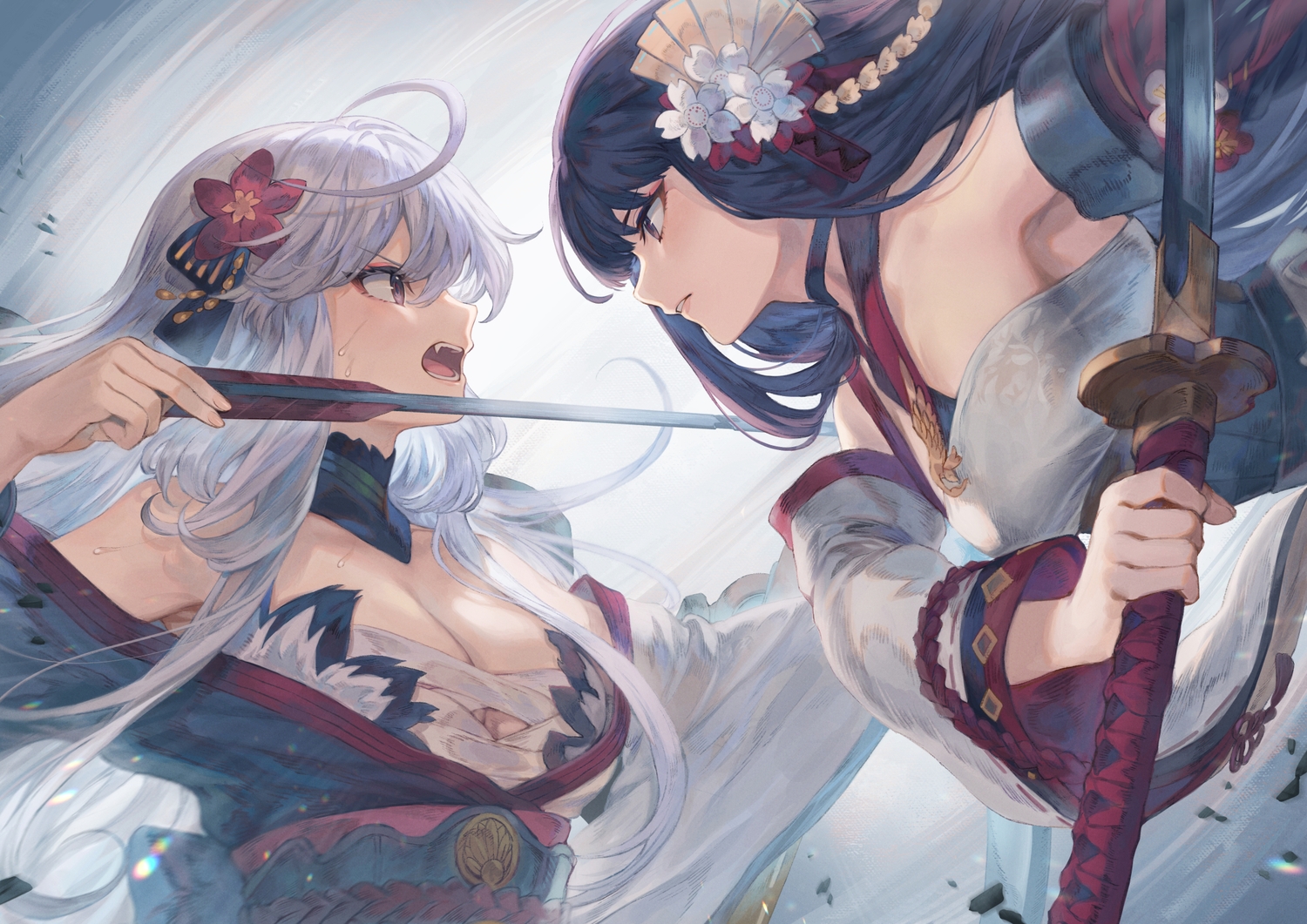 2girls, blue_hair, bow_(weapon), breasts, cleavage, counter_arms, fang, japanese_clothes