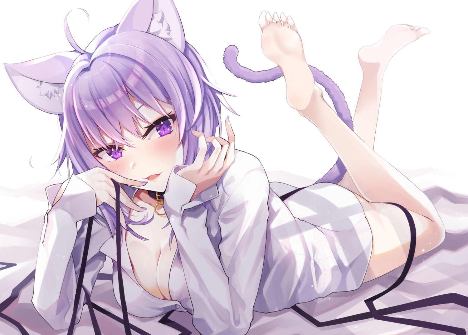 animal_ears, barefoot, breasts, catgirl, cleavage, collar, hololive, nekomata_okayu, purple_eyes, purple_hair, shirousagi_una, shirt, tail