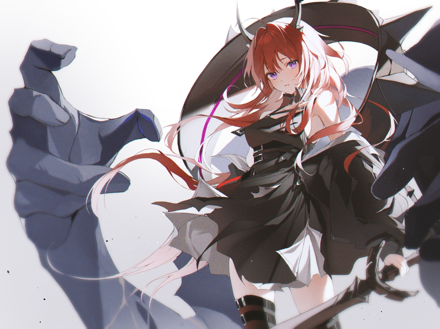 2sham, arknights, dress, horns, long_hair, purple_eyes, red_hair, surtr_(arknights)