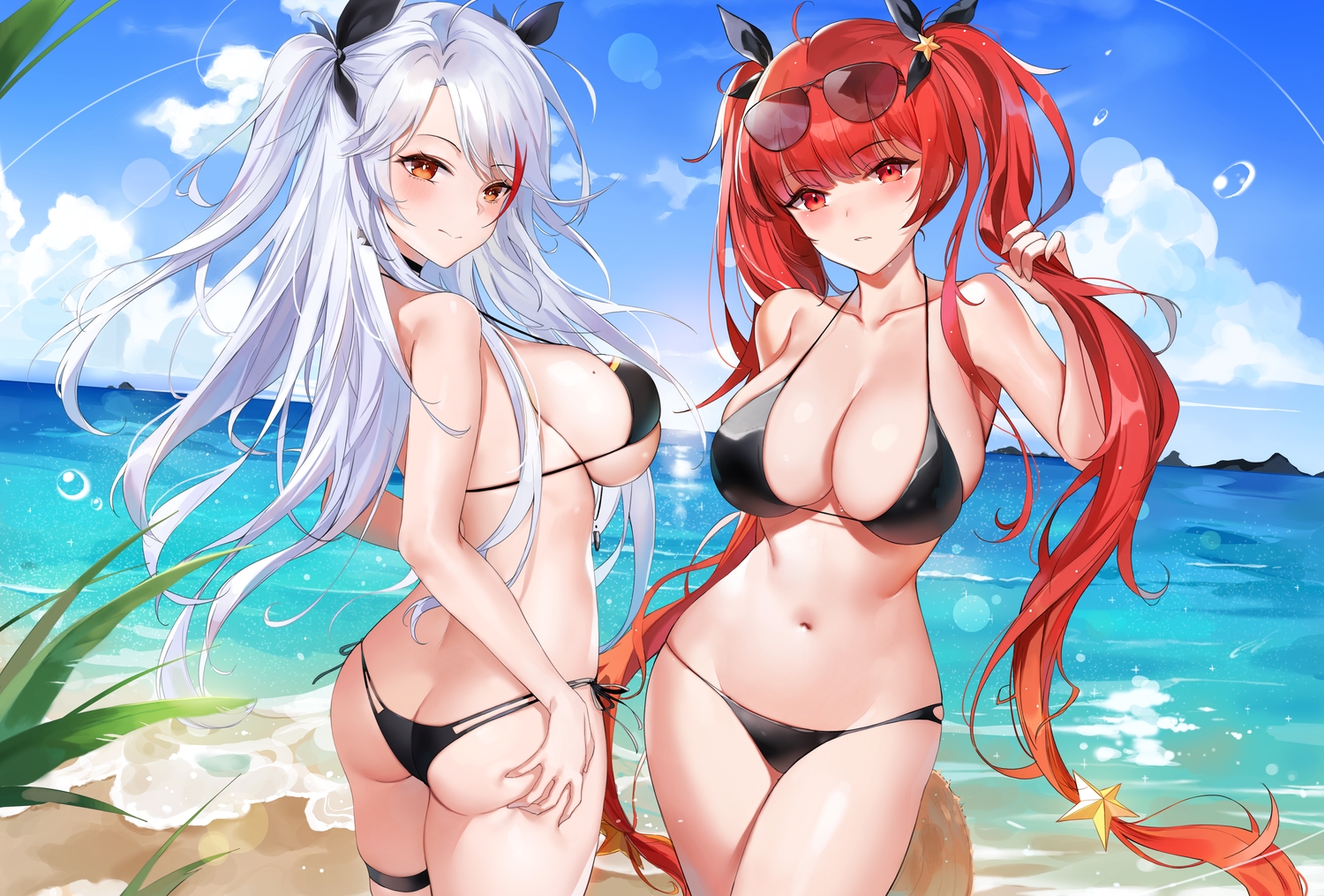2girls, anthropomorphism, azur_lane, beach, bikini, clouds, emyo, honolulu_(azur_lane), long_hair, navel, prinz_eugen_(azur_lane), sky, sunglasses, swimsuit, twintails, water