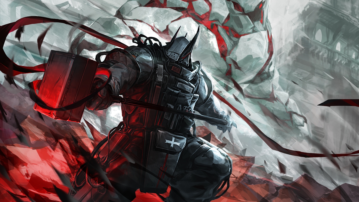 arknights, armor, horns, kuro_dora, mudrock_(arknights), polychromatic, weapon