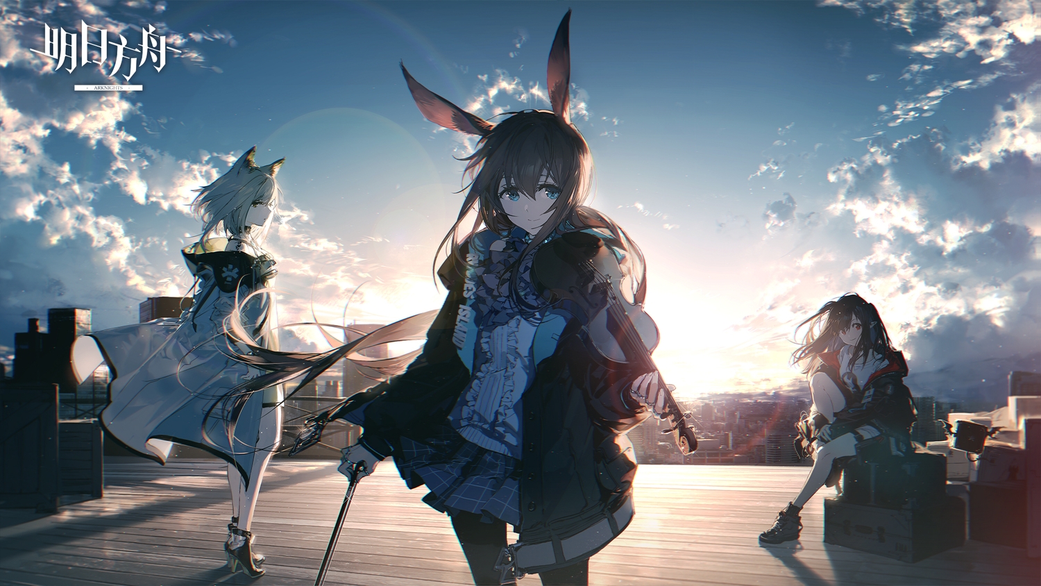 amiya_(arknights), animal_ears, arknights, black_hair, blue_eyes, brown_hair, building, bunny_ears, bunnygirl, catgirl, city, closure_(arknights), clouds, gray_hair, green_eyes, instrument, kal'tsit_(arknights), logo, long_hair, pantyhose, pointed_ears, red_eyes, rella, rooftop, sky, thighhighs, violin