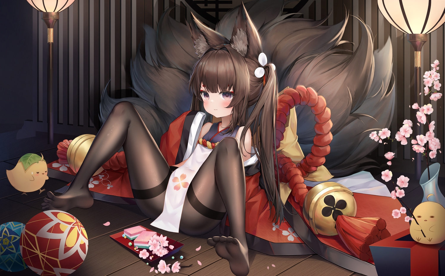 amagi_(azur_lane), amagi-chan_(azur_lane), animal, animal_ears, anthropomorphism, azur_lane, ball, bird, brown_hair, candy, cherry_blossoms, flowers, food, foxgirl, gala_(16901040), loli, long_hair, manjuu_(azur_lane), multiple_tails, pantyhose, petals, purple_eyes, spread_legs, tail