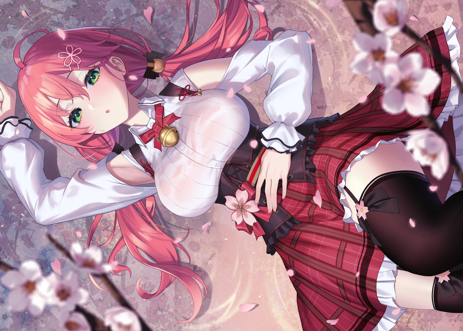 aya_(lezon), bell, blush, cherry_blossoms, flowers, garter_belt, green_eyes, hololive, pink_hair, sakura_miko, stockings, twintails, water, zettai_ryouiki
