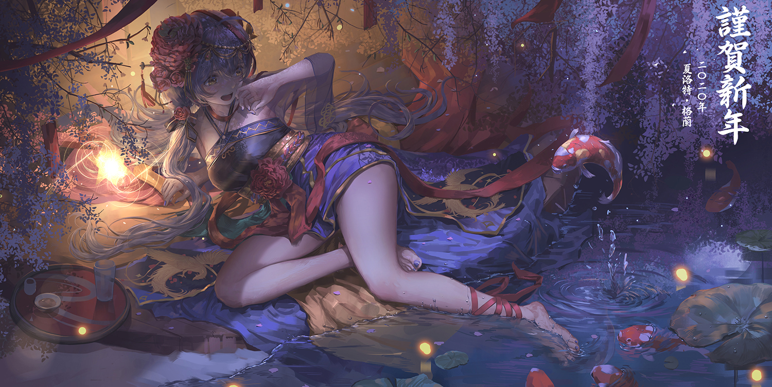 animal, barefoot, drink, fish, gray_hair, hinoborukaku, long_hair, vocaloid, water, xingchen