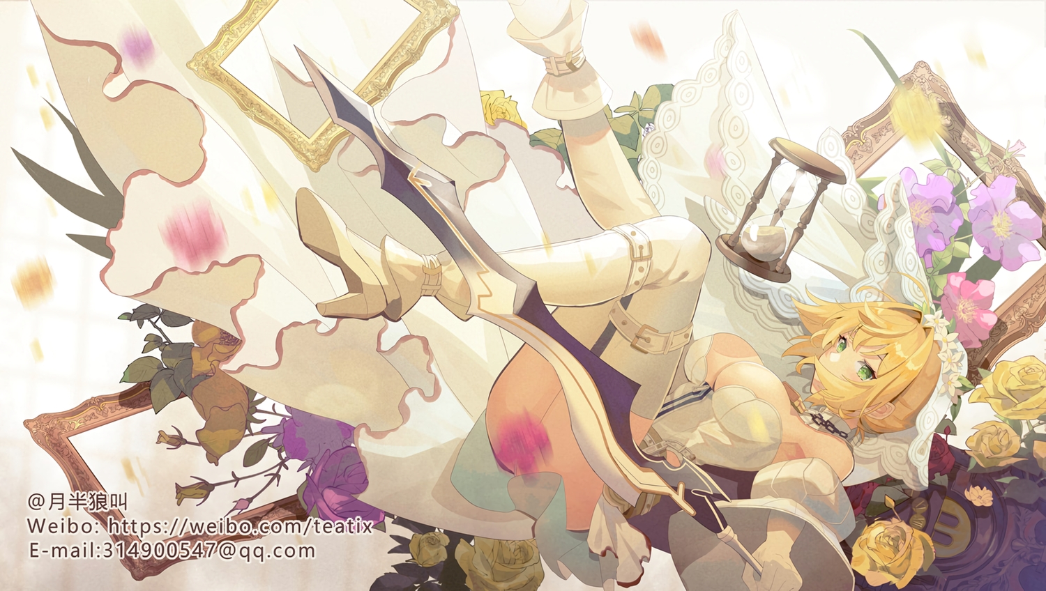 blonde_hair, breasts, cleavage, fate/grand_order, fate_(series), flowers, gloves, green_eyes