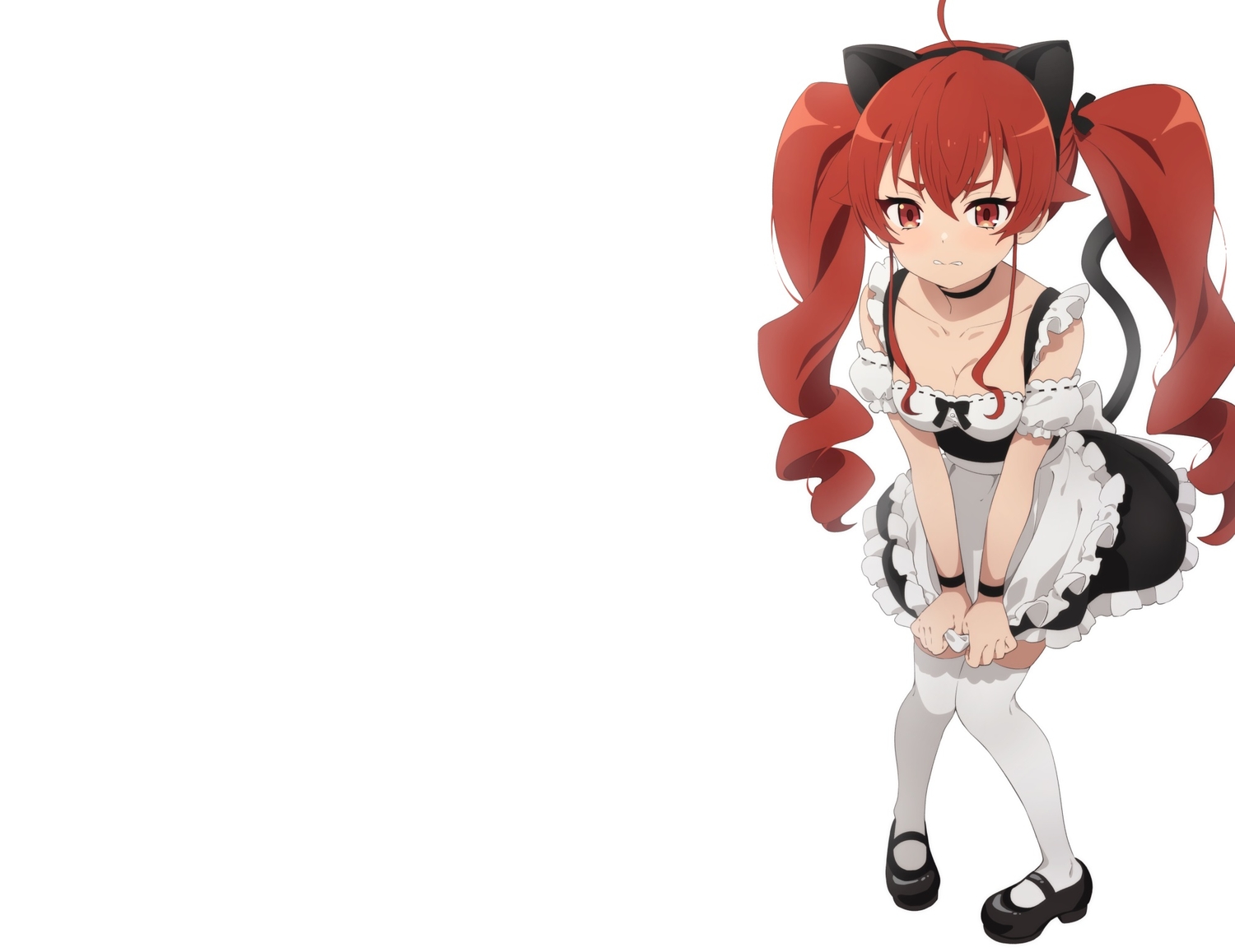 animal_ears, breasts, catgirl, choker, cleavage, cosplay, eris_greyrat, headband, long_hair, maid, mushoku_tensei, neki_(wakiko), red_eyes, red_hair, tail, thighhighs, third-party_edit, twintails, white, wristwear