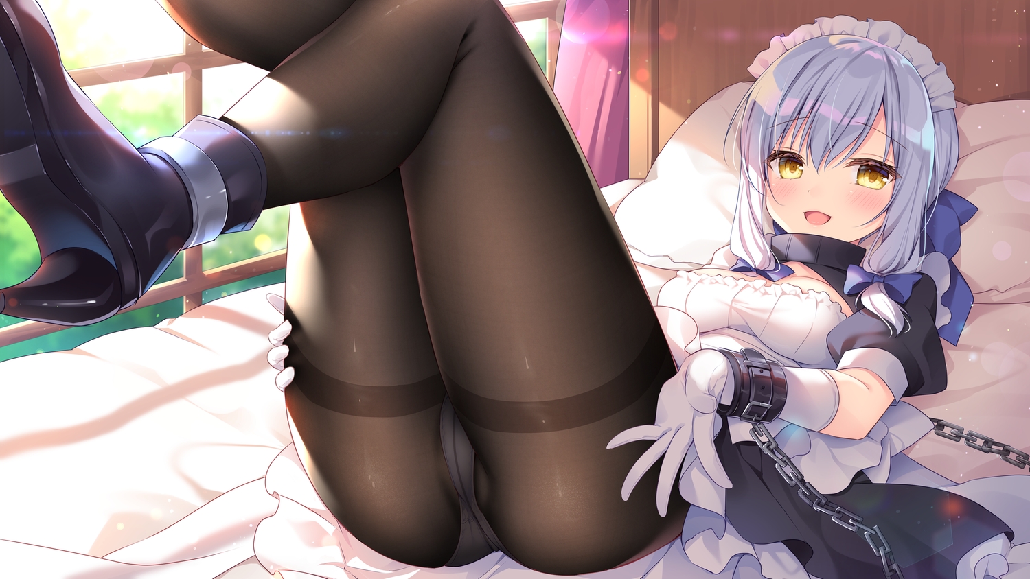 bed, blush, bondage, chain, original, panties, pantyhose, shackles, shikitani_asuka, underwear