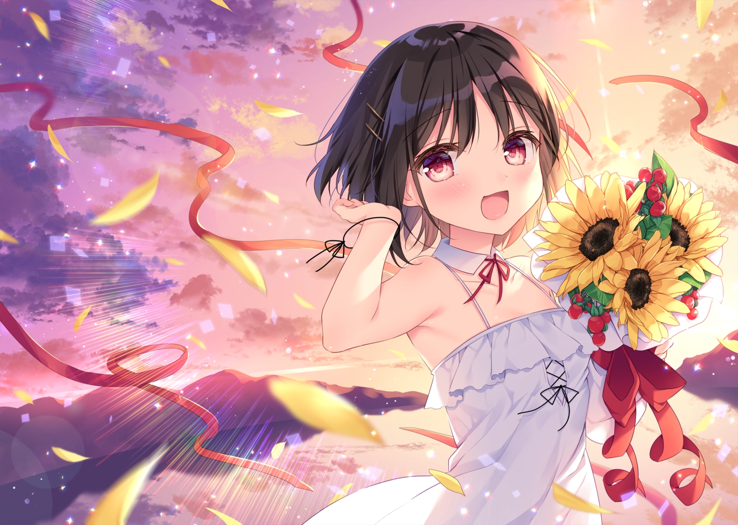 black_hair, blush, bow, clouds, dress, flowers, original, petals